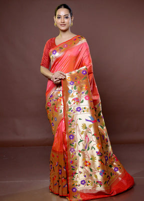 Peach Handloom Kanjivaram Pure Silk Saree With Blouse Piece