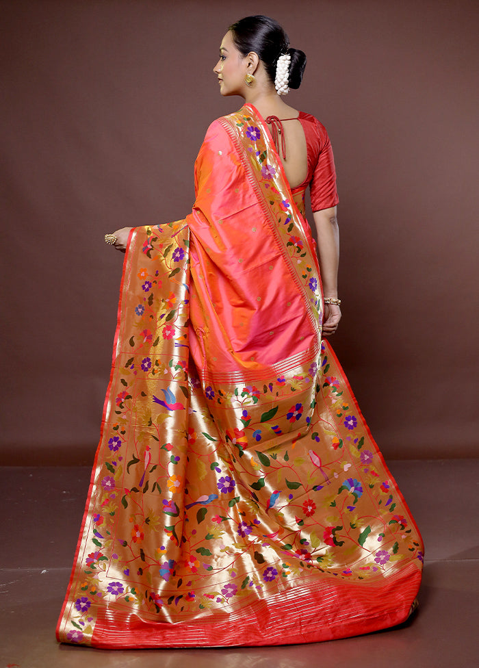 Peach Handloom Kanjivaram Pure Silk Saree With Blouse Piece