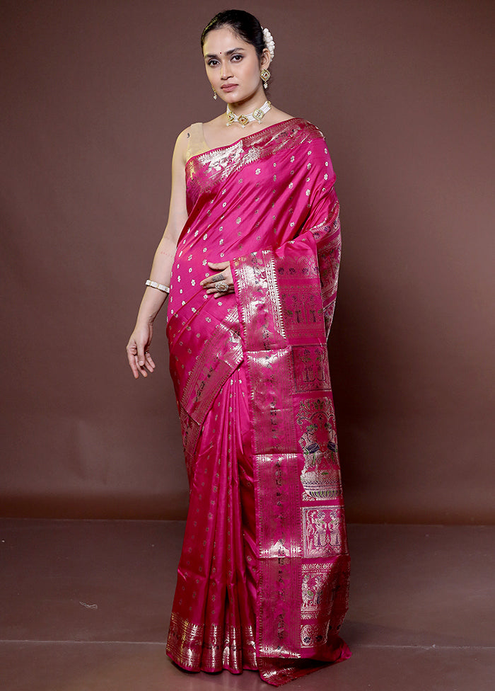 Pink Handloom Baluchari Pure Silk Saree With Blouse Piece