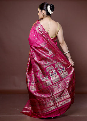 Pink Handloom Baluchari Pure Silk Saree With Blouse Piece