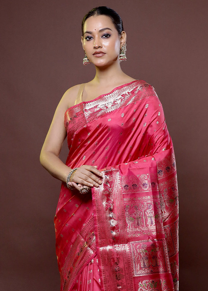 Pink Handloom Baluchari Pure Silk Saree With Blouse Piece