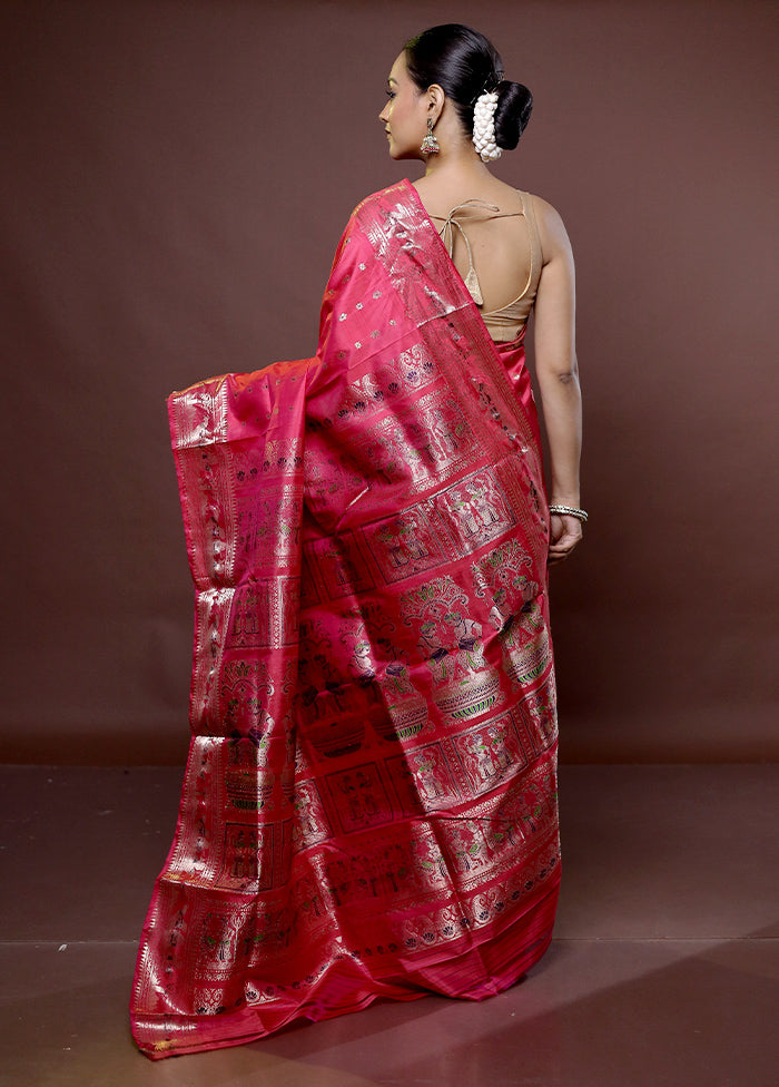 Red Handloom Baluchari Pure Silk Saree With Blouse Piece