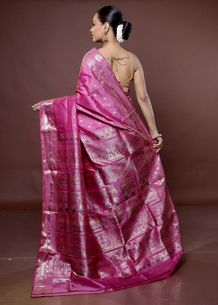 Purple Handloom Baluchari Pure Silk Saree With Blouse Piece