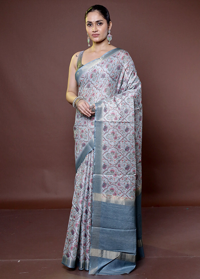 Grey Tussar Silk Saree With Blouse Piece