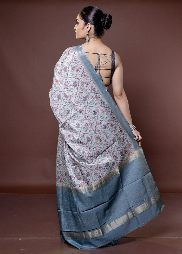 Grey Tussar Silk Saree With Blouse Piece