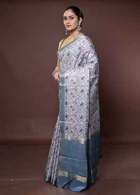 Grey Tussar Silk Saree With Blouse Piece