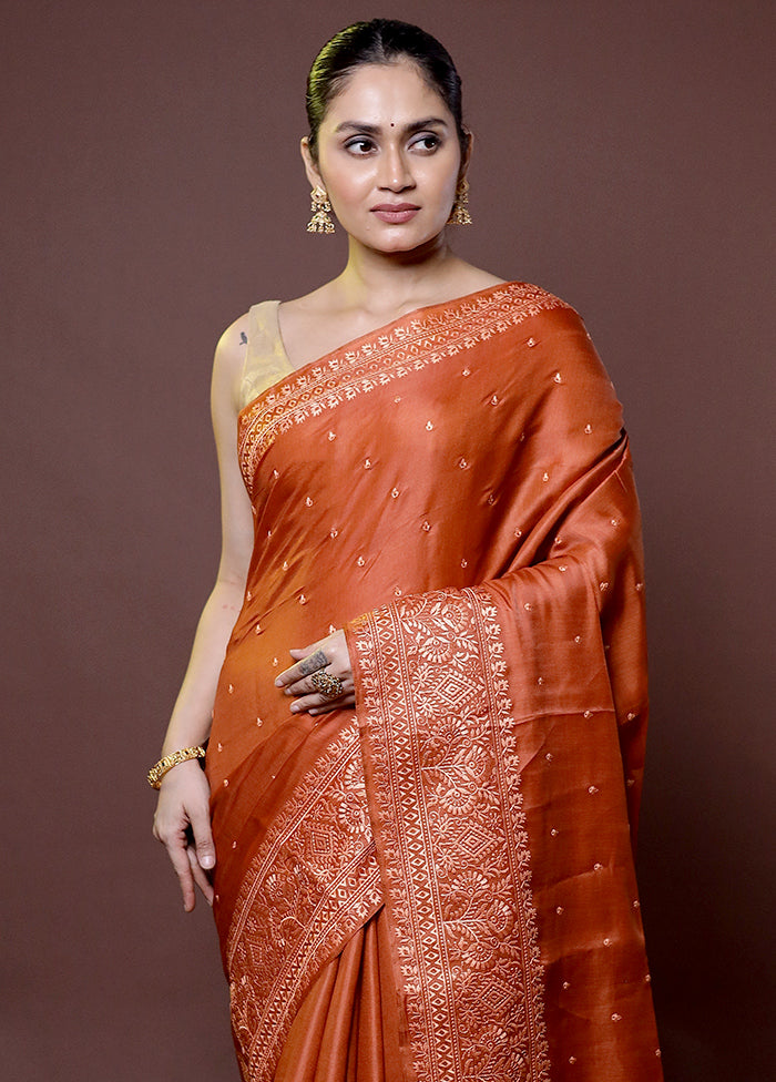 Rust Tussar Silk Saree With Blouse Piece