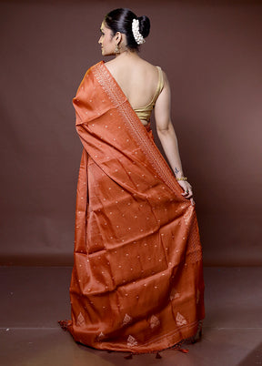 Rust Tussar Silk Saree With Blouse Piece