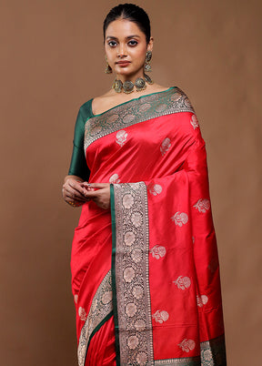 Red Handloom Katan Pure Silk Saree With Blouse Piece