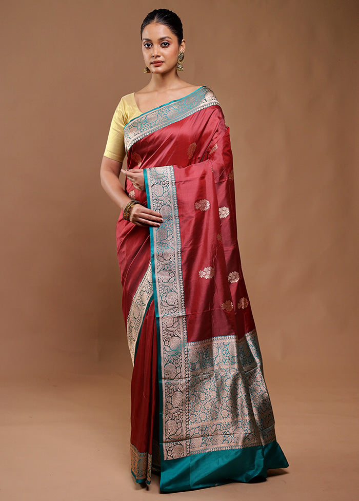 Maroon Handloom Katan Pure Silk Saree With Blouse Piece