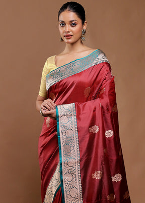 Maroon Handloom Katan Pure Silk Saree With Blouse Piece