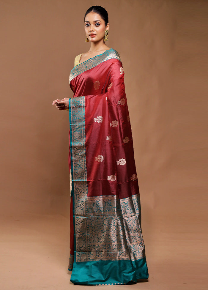 Maroon Handloom Katan Pure Silk Saree With Blouse Piece