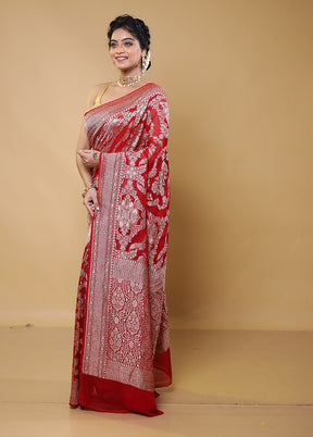 Red Handloom Pure Georgette Saree With Blouse Piece