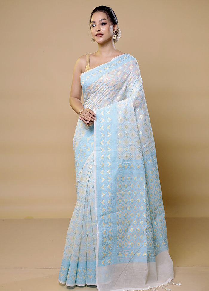 White Pure Cotton Saree With Blouse Piece