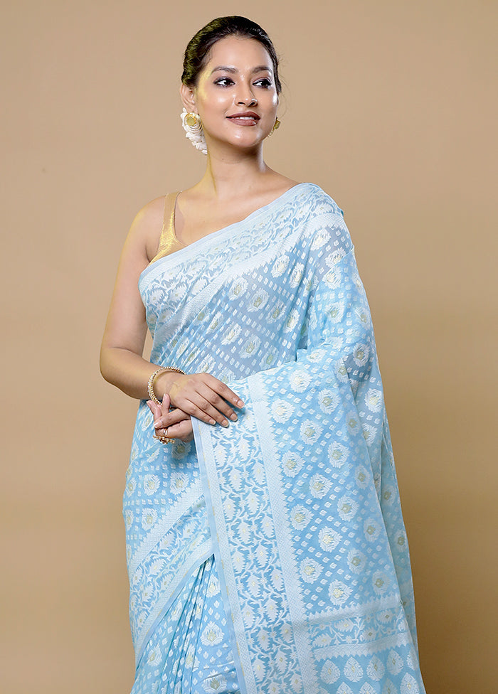 Blue Pure Cotton Saree With Blouse Piece