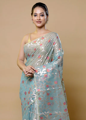 Blue Organza Saree With Blouse Piece