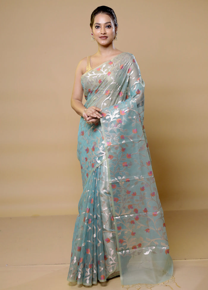 Blue Organza Saree With Blouse Piece