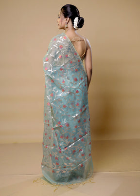 Blue Organza Saree With Blouse Piece