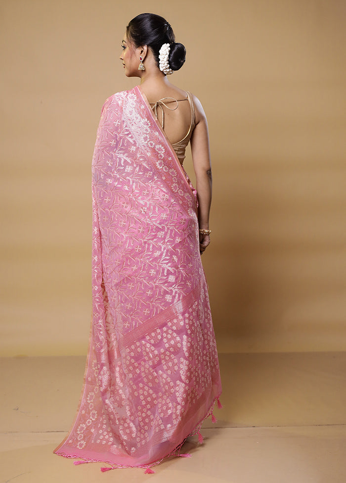 Pink Kora Silk Saree With Blouse Piece