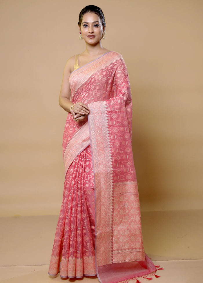 Pink Kora Silk Saree With Blouse Piece