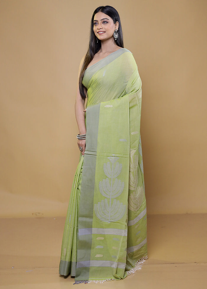 Green Khadi Cotton Saree With Blouse Piece