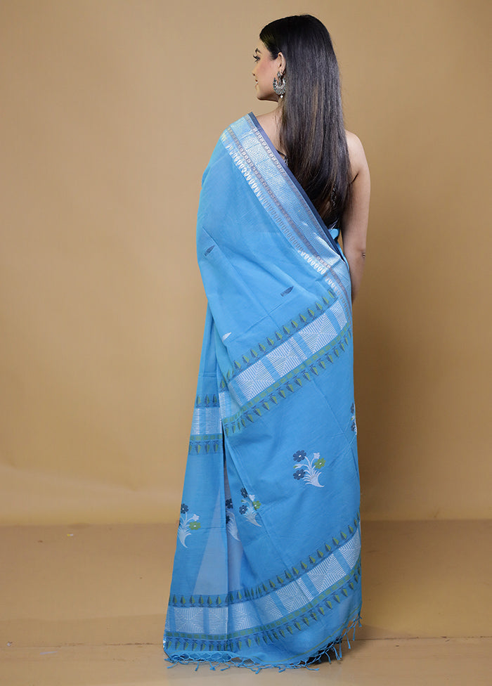 Blue Khadi Cotton Saree With Blouse Piece