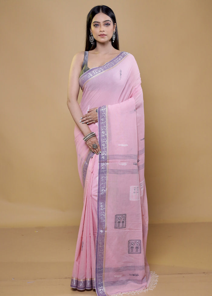 Pink Khadi Cotton Saree With Blouse Piece