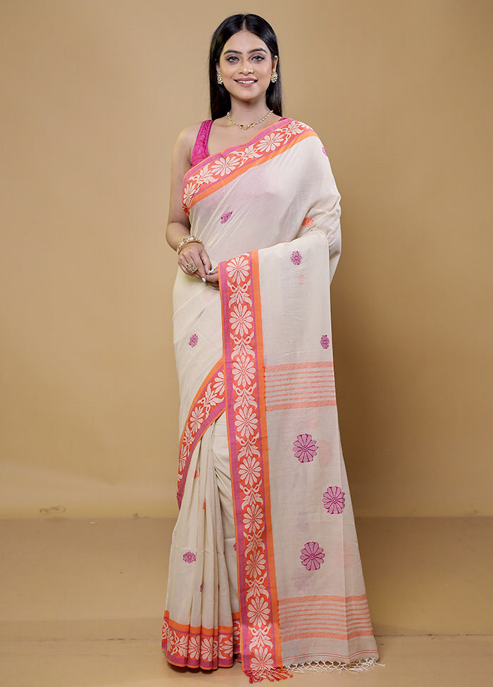 Cream Khadi Cotton Saree With Blouse Piece