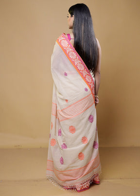 Cream Khadi Cotton Saree With Blouse Piece