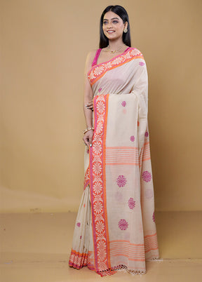 Cream Khadi Cotton Saree With Blouse Piece