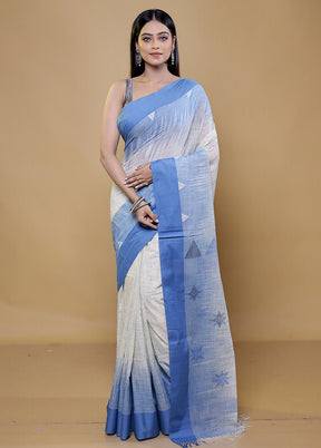 White Khadi Cotton Saree With Blouse Piece