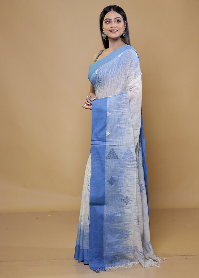 White Khadi Cotton Saree With Blouse Piece