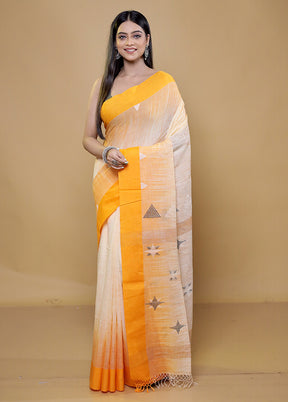 Cream Khadi Cotton Saree With Blouse Piece