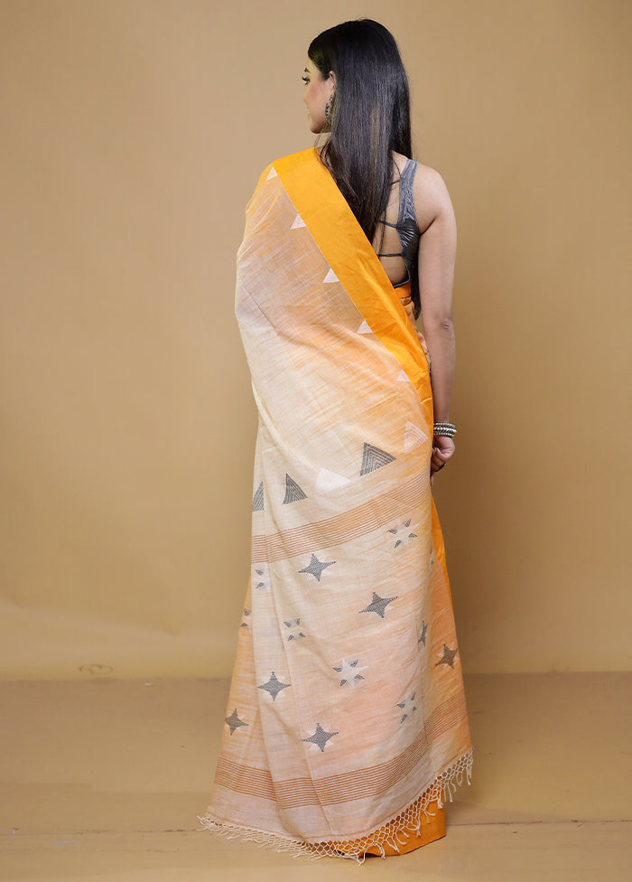 Cream Khadi Cotton Saree With Blouse Piece