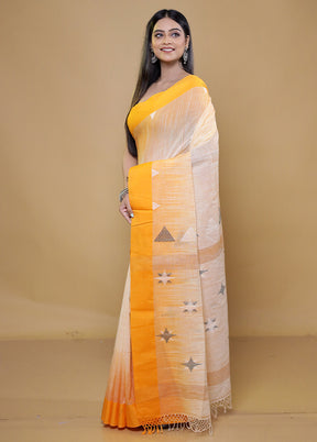 Cream Khadi Cotton Saree With Blouse Piece