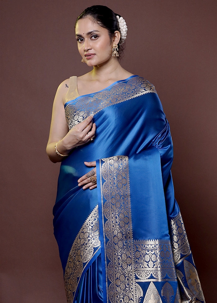 Blue Banarasi Silk Saree With Blouse Piece