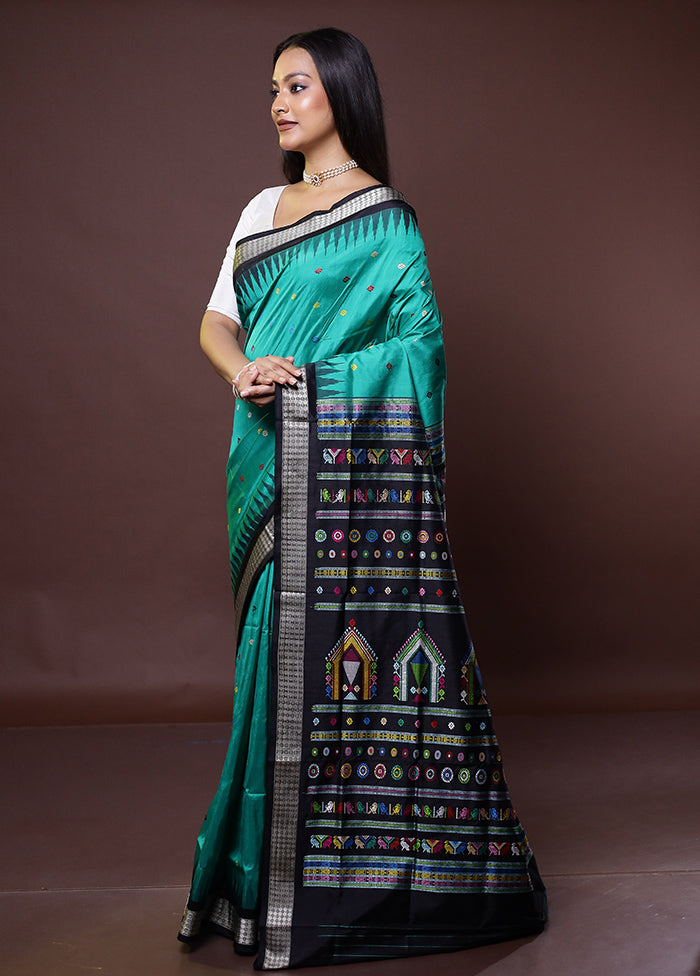 Green Handloom Bomkai Pure Silk Saree With Blouse Piece