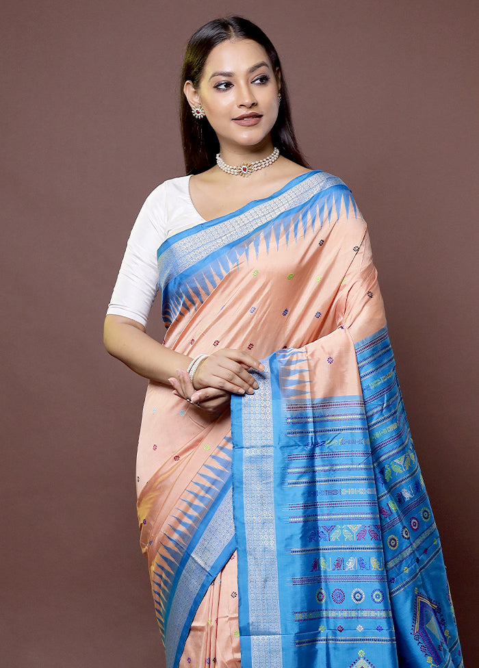 Peach Handloom Bomkai Pure Silk Saree With Blouse Piece