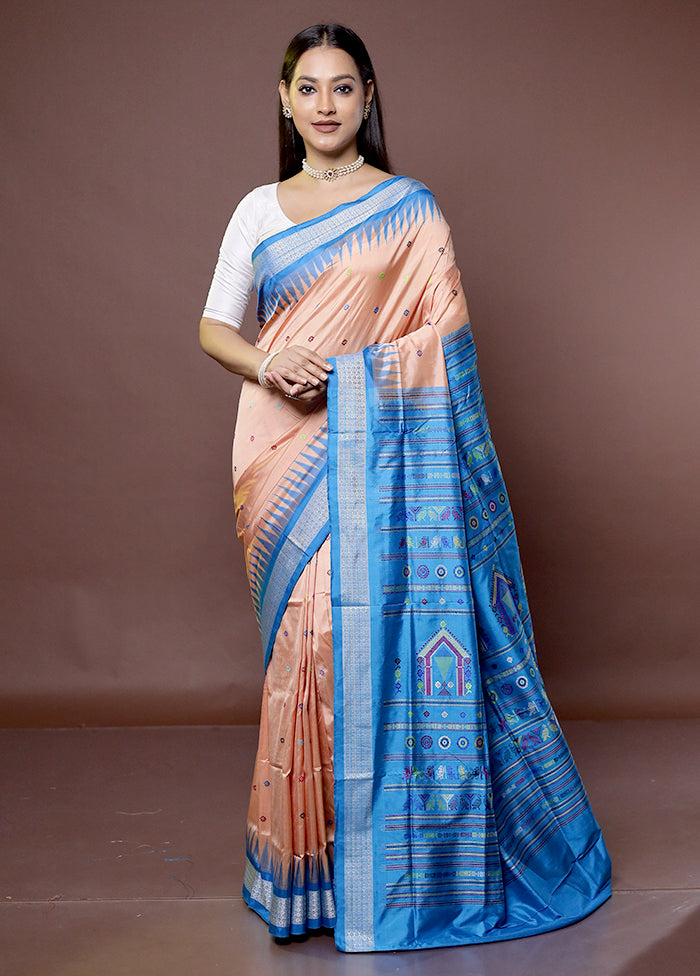 Peach Handloom Bomkai Pure Silk Saree With Blouse Piece