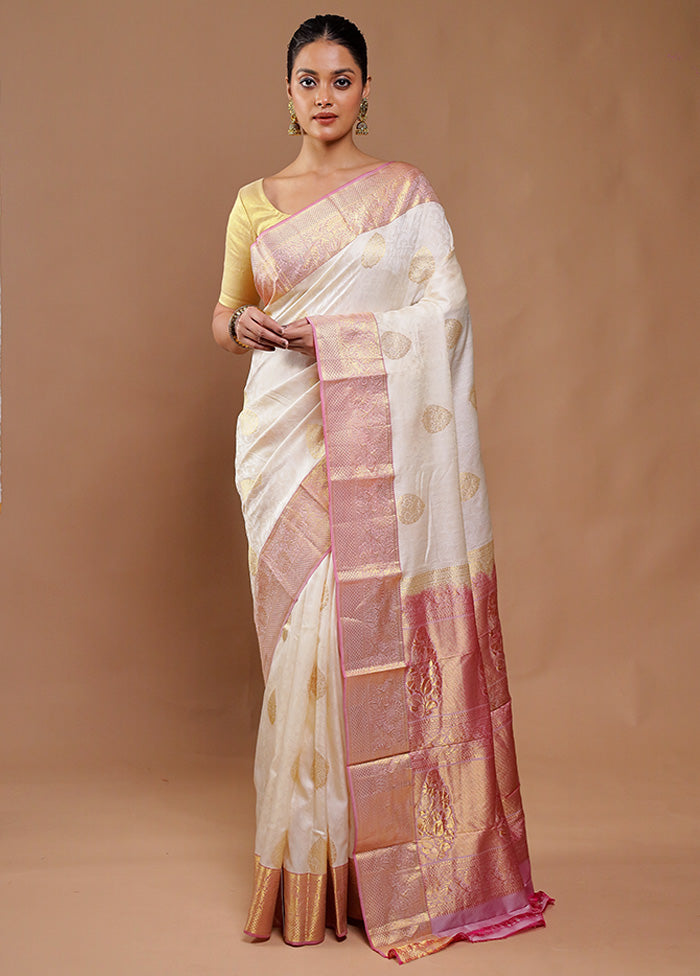 Cream Handloom Kanjivaram Pure Silk Saree With Blouse Piece