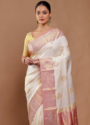 Cream Handloom Kanjivaram Pure Silk Saree With Blouse Piece