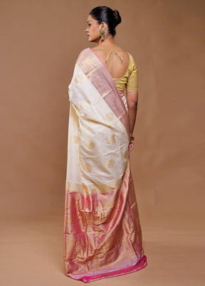 Cream Handloom Kanjivaram Pure Silk Saree With Blouse Piece