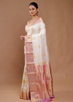 Cream Handloom Kanjivaram Pure Silk Saree With Blouse Piece