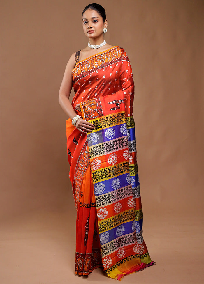 Orange Printed Pure Silk Saree Without Blouse Piece