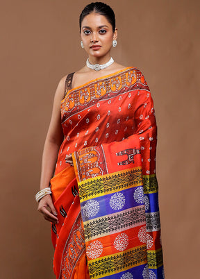 Orange Printed Pure Silk Saree Without Blouse Piece