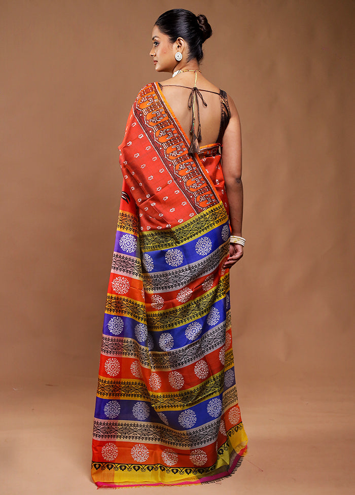 Orange Printed Pure Silk Saree Without Blouse Piece