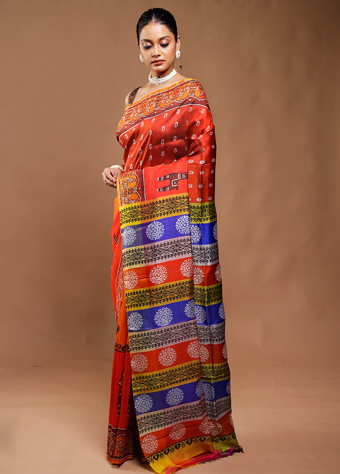 Orange Printed Pure Silk Saree Without Blouse Piece