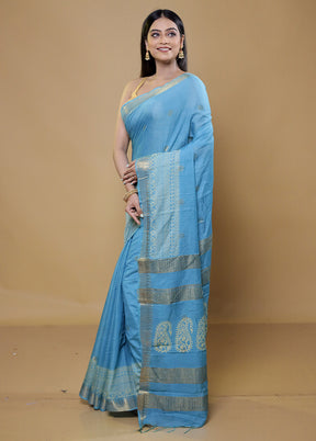 Blue Chanderi Cotton Saree With Blouse Piece