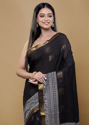 Black Chanderi Cotton Saree With Blouse Piece