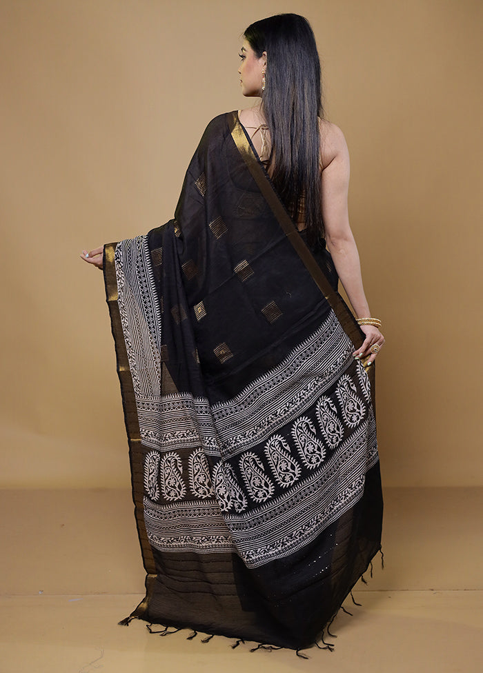 Black Chanderi Cotton Saree With Blouse Piece